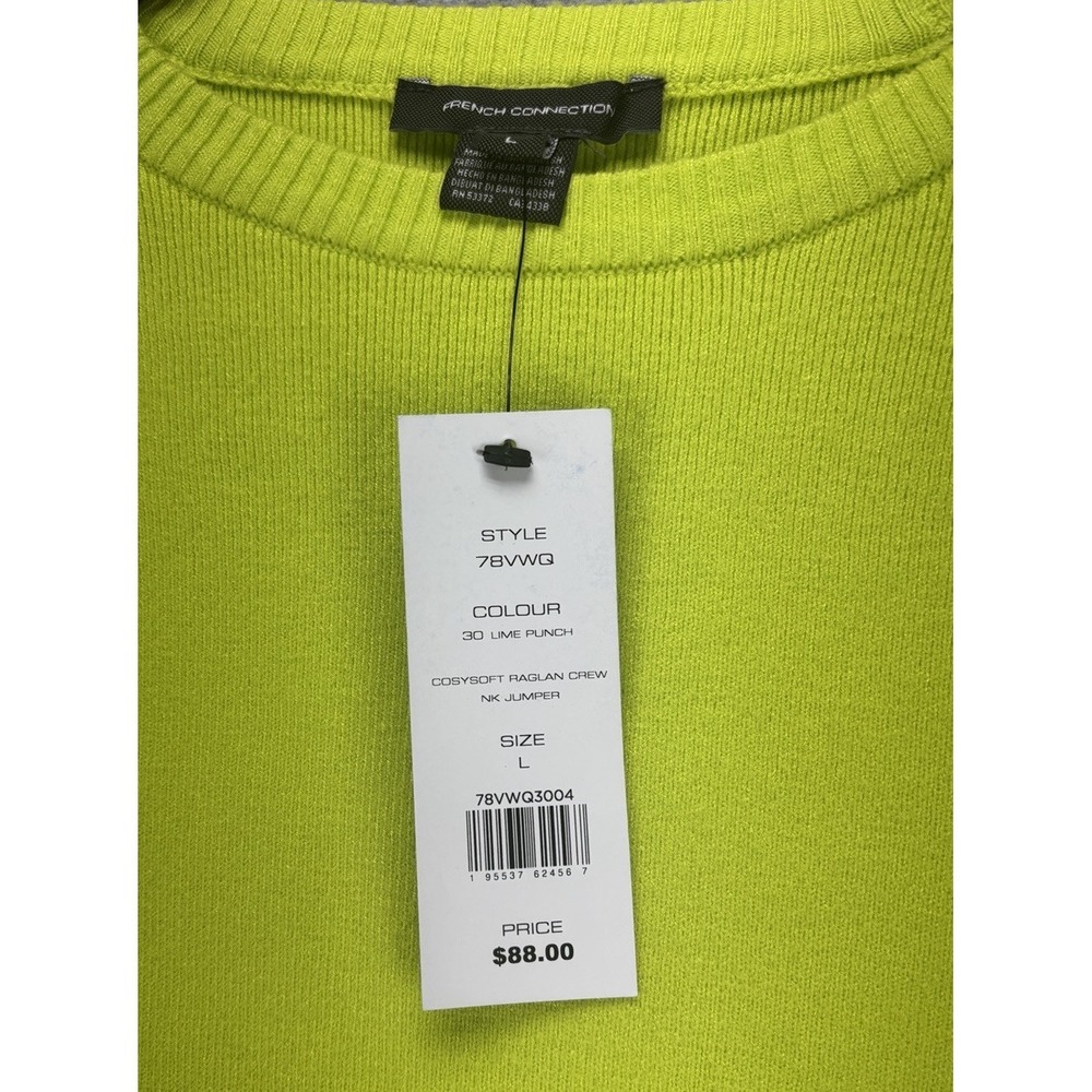 NWT French Connection Lime Punch Raglan Crew Neck Sweater L Soft Knit Neon Bold - Picture 3 of 12